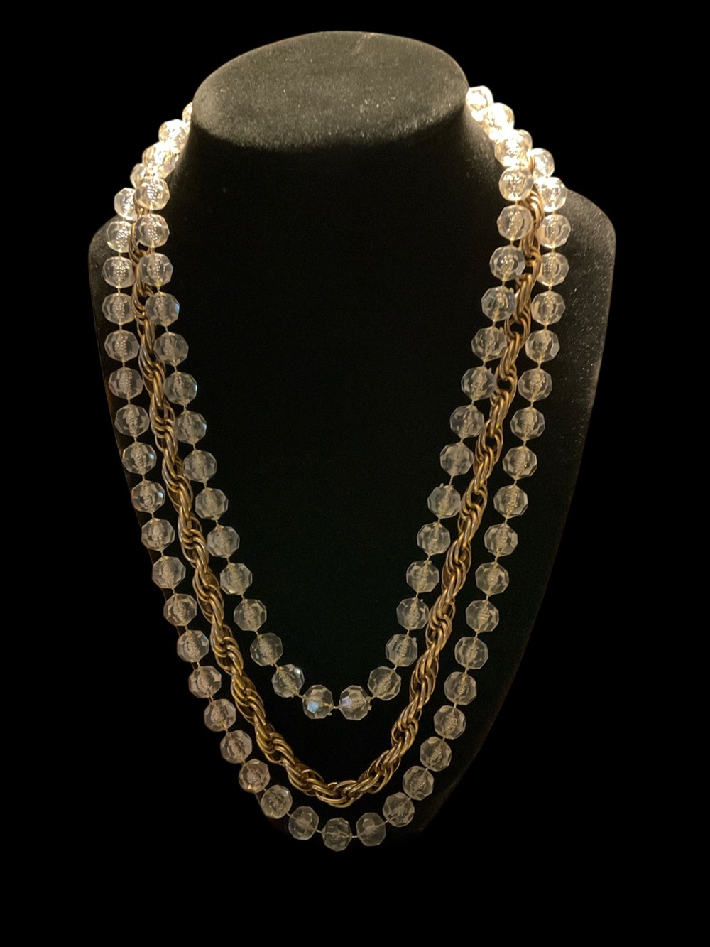 Sarah Coventry Vintage Gold-Tone Rope & Clear Faux Crystal Three-Strand Necklace
